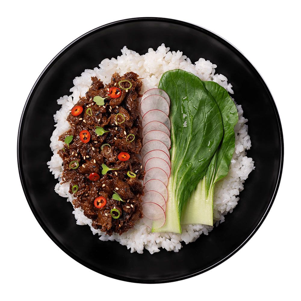 pulled shiitake teriyaki donburi