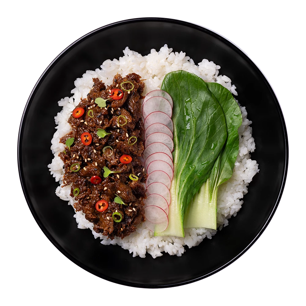 pulled shiitake teriyaki donburi