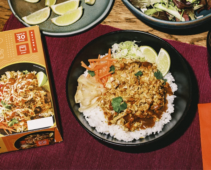 pulled chicken katsu sticky rice bowl
